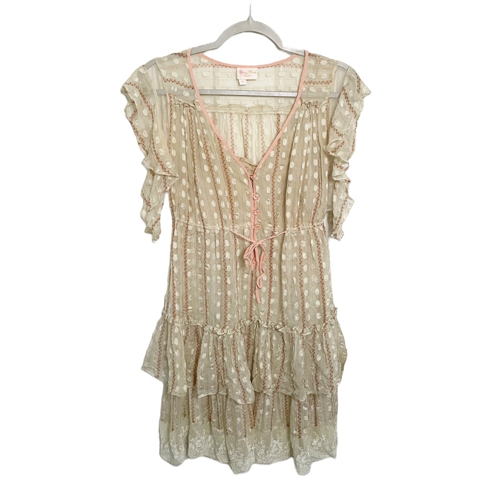 Tracy Reese New York Dress Vintage 100% Silk Ruffle Eyelet Dress Size 6 Beige